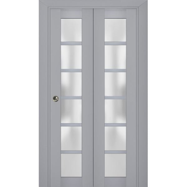 Sliding Closet Bi-fold Doors | Veregio 7602 Matte Grey with Frosted Glass | Sturdy Tracks Moldings Trims Hardware Set | Wood Solid Bedroom Wardrobe Doors 