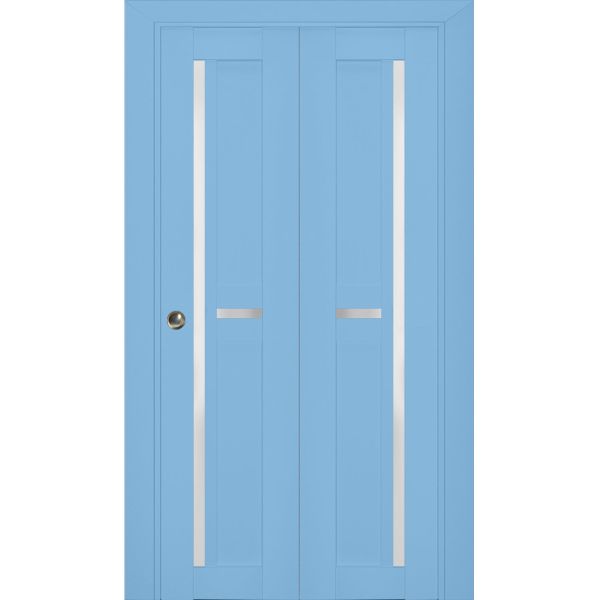 Sliding Closet Bi-fold Doors | Veregio 7288 Aquamarine with Frosted Glass | Sturdy Tracks Moldings Trims Hardware Set | Wood Solid Bedroom Wardrobe Doors 