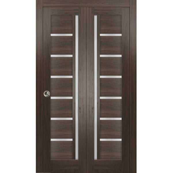 Sliding Closet Bi-fold Doors | Quadro 4088 Chocolate Ash with Frosted Glass | Sturdy Tracks Moldings Trims Hardware Set | Wood Solid Bedroom Wardrobe Doors 