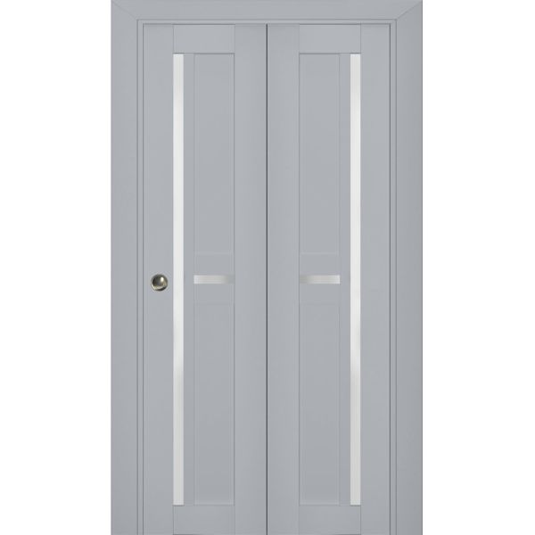 Sliding Closet Bi-fold Doors | Veregio 7288 Matte Grey with Frosted Glass | Sturdy Tracks Moldings Trims Hardware Set | Wood Solid Bedroom Wardrobe Doors 