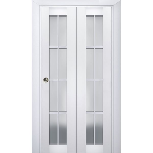 Sliding Closet Bi-fold Doors | Veregio 7412 White Silk with Frosted Glass | Sturdy Tracks Moldings Trims Hardware Set | Wood Solid Bedroom Wardrobe Doors 