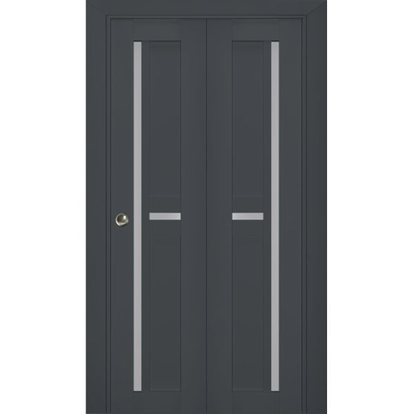 Sliding Closet Bi-fold Doors | Veregio 7288 Antracite with Frosted Glass | Sturdy Tracks Moldings Trims Hardware Set | Wood Solid Bedroom Wardrobe Doors 