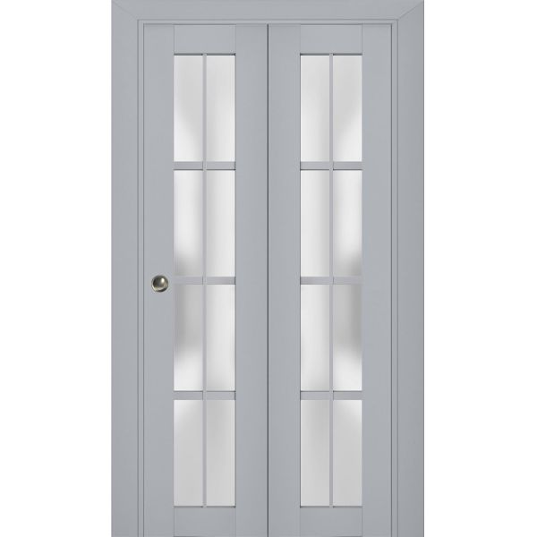 Sliding Closet Bi-fold Doors | Veregio 7412 Matte Grey with Frosted Glass | Sturdy Tracks Moldings Trims Hardware Set | Wood Solid Bedroom Wardrobe Doors 
