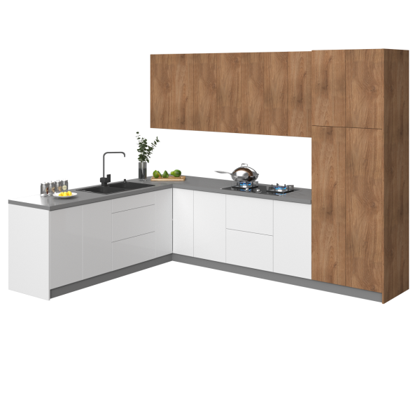 Kitchen Harmony Collection White Gloss & Natural Teak Color Base Size 8x10Ft Wide