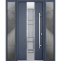 Front Exterior Prehung Steel Door / Deux 0757 Gray Graphite / 2 Sidelight Exterior Windows / Stainless Inserts Single Modern Painted-W14+36+14" x H96"-Left-hand Inswing Gray Graphite