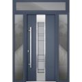 Front Exterior Prehung Steel Door / Deux 0757 Gray Graphite / 2 Sidelight and Transom Window / Stainless Inserts Single Modern Painted-W16+36+16" x H96+16"-Right-hand Inswing Gray Graphite