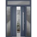 Front Exterior Prehung Steel Door / Deux 5755 Gray Graphite / 2 Sidelight and Transom Window / Stainless Inserts Single Modern Painted-W16+36+16" x H96+16"-Left-hand Inswing Gray Graphite