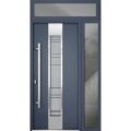 Front Exterior Prehung Steel Door / Deux 0757 Gray Graphite / Sidelight and Transom Window / Stainless Inserts Single Modern Painted-W36+14" x H96+16"-Right-hand Inswing Gray Graphite
