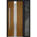 Front Exterior Prehung Steel Door / Deux 1744 Natural Oak / Sidelight Exterior Black Window / Stainless Inserts Single Modern Painted-W36+14" x H80"-Right-hand Outswing Oak