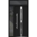Front Exterior Prehung Steel Door / Deux 1755 Black Enamel / Sidelight and Transom Window / Stainless Inserts Single Modern Painted-W36+16" x H80+16"-Right-hand Inswing Black