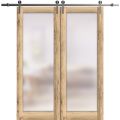 Sturdy Double Barn Door with Frosted Glass | Planum 2102 Honey Ash | 13FT Silver Rail Hangers Heavy Set | Modern Solid Panel Interior Doors -36" x 84" (2* 18x84) Oak