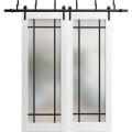 Sliding Closet Frosted Glass Barn Bypass Doors with Hardware | Planum 2112 Matte Black and Aluminum Strips | Sturdy 6.6ft Rails Hardware Set | Modern Wood Solid Bedroom Wardrobe Doors -72" x 80" (2* 36x80) White
