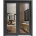 Sliding Closet Bypass Doors | Lucia 2166 Matte Black with Clear Glass | Sturdy Rails Moldings Trims Hardware Set | Wood Solid Bedroom Wardrobe Doors Black Matte