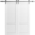 Double Barn Door 64 x 80 inches | Louver 3388 Primed Wh1te | 13FT Silver Rail Track Set | Louvered Interior Doors Primed