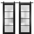 Sturdy Double Barn Door with Frosted Glass | Planum 2132 White Silk and Aluminum Strips | 13FT Silver Rail Hangers Heavy Set | Solid Panel Interior Doors-48" x 80" (2* 24x80) Black Matte