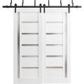 Sliding Closet Barn Bypass Doors 72 x 84 inches | Quadro 4088 Matte Black with Frosted Glass | Sturdy 6.6ft Rails Hardware Set | Wood Solid Bedroom Wardrobe Doors  White