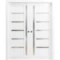 Sliding French Double Pocket Doors Frosted Glass | Quadro 4088 Nordic White | Kit Trims Rail Hardware | Solid Wood Interior Bedroom Sturdy Doors-56" x 84" (2* 28x84) White