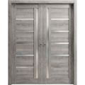 Sliding French Double Pocket Doors Frosted Glass | Quadro 4088 Nordic White | Kit Trims Rail Hardware | Solid Wood Interior Bedroom Sturdy Doors-56" x 84" (2* 28x84) Nebraska Grey
