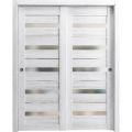 Sliding Closet Bypass Doors | Quadro 4445 Light Grey Oak with Frosted Glass | Sturdy Rails Moldings Trims Hardware Set | Wood Solid Bedroom Wardrobe Doors  Nordic White