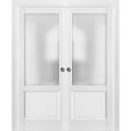 French Double Pocket Doors | Lucia 22 White Silk with Frosted Opaque Glass | Kit Trims Rail Hardware | Solid Wood Interior Pantry Kitchen Bedroom Sliding Closet Sturdy Door-72" x 96" (2* 36x96) White