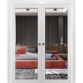 Sliding French Double Pocket Doors | Lucia 1299 White Silk with Mirror | Kit Trims Rail Hardware | Solid Wood Interior Bedroom Sturdy Doors-48" x 80" (2* 24x80) White