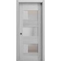 Sliding French Pocket Door with Frosted Glass | Sete 6933 Nordic White | Kit Trims Rail Hardware | Solid Wood Interior Bedroom Sturdy Doors-42" x 84" Light Grey Oak