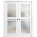 Sliding French Double Pocket Doors 56 x 84 inches Opaque Glass 4 Lites / Mela 7222 White Silk / Kit Rail Hardware / MDF Interior Bedroom Modern Doors White