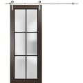 Sturdy Barn Door | Planum 2122 Matte Black with Frosted Glass and Aluminum Strips | 6.6FT Silver Rail Hangers Heavy Hardware Set | Modern Solid Panel Interior Doors Chocolate Ash