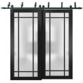 Sliding Closet Frosted Glass Barn Bypass Doors with Hardware | Planum 2112 Matte Black and Aluminum Strips | Sturdy 6.6ft Rails Hardware Set | Modern Wood Solid Bedroom Wardrobe Doors -72" x 80" (2* 36x80) Black Matte