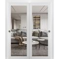 Sliding Closet Bypass Doors | Lucia 2166 Matte Black with Clear Glass | Sturdy Rails Moldings Trims Hardware Set | Wood Solid Bedroom Wardrobe Doors White