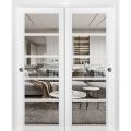 Sliding Closet Bypass Doors | Quadro 4522 Matte Black with Clear Glass | Sturdy Rails Moldings Trims Hardware Set | Wood Solid Bedroom Wardrobe Doors  White