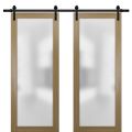 Sturdy Double Barn Door with Frosted Glass | Planum 2102 Honey Ash | 13FT Rail Hangers Heavy Set | Modern Solid Panel Interior Doors -36" x 84" (2* 18x84) Honey Ash