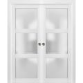 French Double Pocket Doors with Frosted Glass | Lucia 2552 White Silk | Kit Trims Rail Hardware | Solid Wood Interior Pantry Kitchen Bedroom Sliding Closet Sturdy Door -72" x 84" (2* 36x84) White
