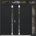 Front Exterior Prehung Aluminum Double Doors / Cynex 6777 Black / 1 Sidelight and Top Transom / Mirrored Clear Glass Modern Painted 86x96 (W72+14" x H96+16") Right hand Inswing Black