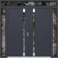 Front Exterior Prehung Aluminum Double Doors / Cynex 6777 Black / 2 Sidelights and Top Transom / Mirrored Clear Glass Modern Painted 100x96 (W14+72+14" x H80+16") Right hand Inswing Gray Graphite