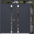 Front Exterior Prehung Aluminum Double Doors / Cynex 6777 Black / 1 Sidelight and Top Transom / Mirrored Clear Glass Modern Painted 84x96 (W72+12" x H96+16") Right hand Inswing Gray Graphite