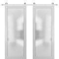 Sturdy Double Barn Door with Frosted Glass | Planum 2102 Honey Ash | 13FT Silver Rail Hangers Heavy Set | Modern Solid Panel Interior Doors -36" x 84" (2* 18x84) White