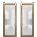 Sturdy Double Barn Door with Frosted Glass | Planum 2102 Honey Ash | 13FT Silver Rail Hangers Heavy Set | Modern Solid Panel Interior Doors -36" x 84" (2* 18x84) Honey Ash