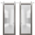 Sturdy Double Barn Door with Frosted Glass | Planum 2102 Honey Ash | 13FT Silver Rail Hangers Heavy Set | Modern Solid Panel Interior Doors -36" x 84" (2* 18x84) Ginger Ash