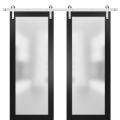 Sturdy Double Barn Door with Frosted Glass | Planum 2102 Honey Ash | 13FT Silver Rail Hangers Heavy Set | Modern Solid Panel Interior Doors -36" x 84" (2* 18x84) Black Matte