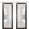 Sturdy Double Barn Door with Frosted Glass | Planum 2102 Honey Ash | 13FT Silver Rail Hangers Heavy Set | Modern Solid Panel Interior Doors -36" x 84" (2* 18x84) Chocolate Ash