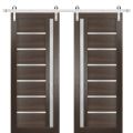Sturdy Double Barn Door | Quadro 4088 Cognac Oak with Frosted Glass | Silver 13FT Rail Hangers Heavy Set | Solid Panel Interior Doors Chocolate Ash