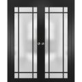 Sliding Double Pocket Door Frosted Tempered Glass | Planum 2112 Matte Black and Aluminum Strips | Kit Trims Rail Hardware | Solid Wood Interior Bedroom Bathroom Closet Sturdy Doors -48" x 80" (2* 24x80) Black Matte