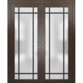 Sliding Double Pocket Door Frosted Tempered Glass | Planum 2112 Matte Black and Aluminum Strips | Kit Trims Rail Hardware | Solid Wood Interior Bedroom Bathroom Closet Sturdy Doors -48" x 80" (2* 24x80) Chocolate Ash