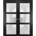 French Double Pocket Doors with Frosted Glass | Lucia 2552 White Silk | Kit Trims Rail Hardware | Solid Wood Interior Pantry Kitchen Bedroom Sliding Closet Sturdy Door -72" x 84" (2* 36x84) Black Matte