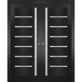 Sliding French Double Pocket Doors Frosted Glass | Quadro 4088 Nordic White | Kit Trims Rail Hardware | Solid Wood Interior Bedroom Sturdy Doors-56" x 84" (2* 28x84) Black Matte