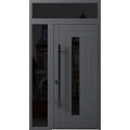 Front Exterior Prehung Steel Door / Ronex 0130 Grey / Sidelight and Transom Window Sidelite / Entry Metal Modern Painted W36+12" x H80+16" Right hand Inswing Gray