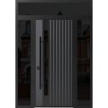 Front Exterior Prehung Steel Door / Ronex 0144 Grey / 2 Sidelight and Transom Window Sidelite / Entry Metal Modern Painted W16+36+16" x H80+16" Right hand Inswing Gray