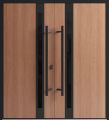 Front Exterior Prehung Aluminum Double Doors / Ronex 1033 Teak / Mirrored Clear Glass Entry Metal Modern Veneer Painted (W60" x H80") Left hand Inswing Teak