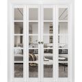 Sliding Closet Double Bi-fold Doors | Quadro 4522 White Silk with Clear Glass | Sturdy Tracks Moldings Trims Hardware Set | Wood Solid Bedroom Wardrobe Doors  White